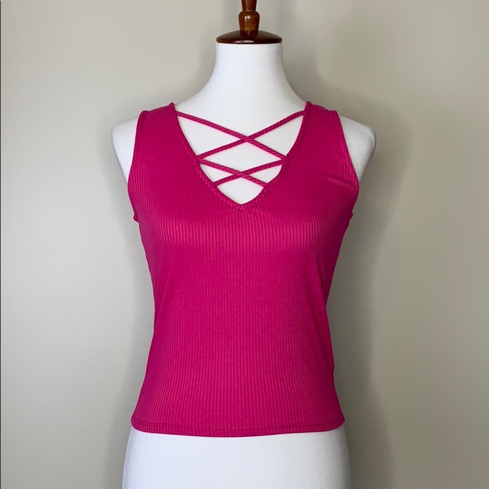H.I.P. Fuchsia Ribbed Criss Cross Cropped Tank Top